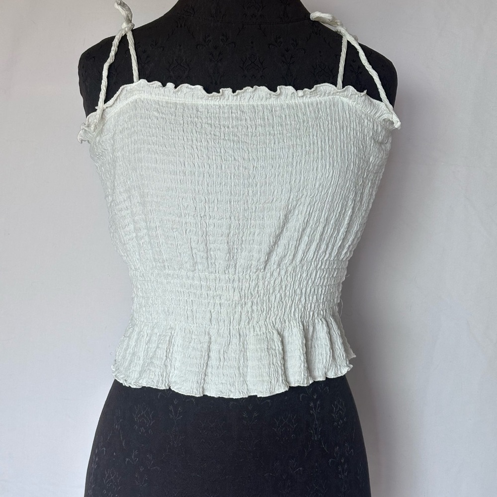 Glo fashion London white, small crop top adjustable straps, ruffle, BoHo festiv